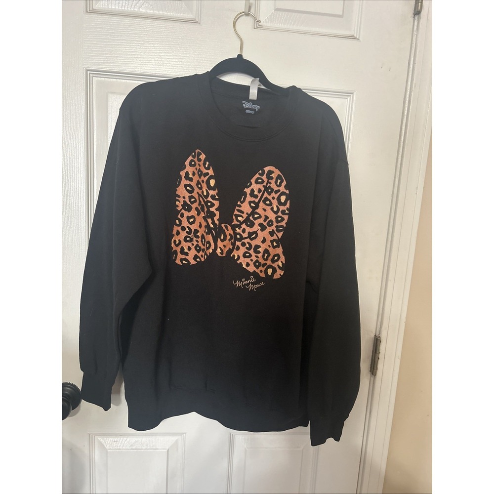 Disney Minnie Mouse Black Sweatshirt Women's XLarge Leopard Bow Crewneck
